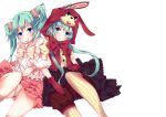  :o animal_ears aqua_hair blue_eyes bunny_ears gloves hatsune_miku highres locked_arms lots_of_laugh_(vocaloid) multiple_girls natsuki_yuu panties pantyshot pantyshot_(sitting) rabbit_ears sitting underwear vertical-striped_legwear vertical_stripes vocaloid white_background 