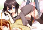  1boy 1girl :o =_= bed black_hair black_legwear blue_eyes breasts cardigan cleavage cuteg fang girl_on_top hair_between_eyes highres houshou_yuzurina kono_naka_ni_hitori_imouto_ga_iru! lying mikadono_shougo off_shoulder on_stomach open_mouth panties pillow scan smile sweater_dress text thigh-highs thighhighs underwear white_panties 