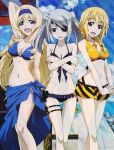  3girls :d absurdres bikini bleed_through breasts cecilia_alcott cecilia_orcott charlotte_dunois cleavage covering covering_breasts eyepatch highres infinite_stratos laura_bodewig lowres multiple_girls navel official_art open_mouth scan scan_artifacts scanning_dust smile swimsuit 
