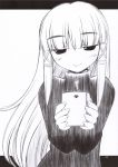  bangs blunt_bangs bust character_request cup doujinshi highres holding long_hair monochrome mug nakajima_rei no_nose payot scan smile solo 