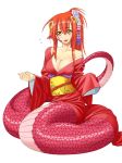  1girl breasts cleavage fangs flower flying_sweatdrops hair_flower hair_ornament inui_takemaru japanese_clothes kimono lamia long_hair looking_at_viewer miia_(monster_musume) monster_girl monster_musume_no_iru_nichijou open_clothes open_mouth pointy_ears ponytail simple_background slit_pupils snake_tail solo white_background yellow_eyes 