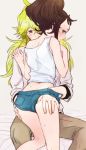  bare_shoulders blue_eyes brown_hair denim denim_shorts green_eyes n_(pokemon) no_hat no_headwear pokemon pokemon_(game) pokemon_bw ponytail shigeru shorts tank_top touko_(pokemon) 