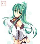  1girl alternate_costume alternate_hairstyle breasts cross detached_sleeves frog_hair_ornament green_eyes green_hair hair_ornament hair_tubes kochiya_sanae long_hair ngirln4 ponytail short_dress smile snake_hair_ornament solo thigh-highs thighhighs touhou white_legwear 