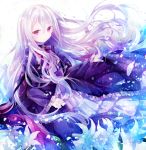  1girl bow brooch dress flower ibara_riato jewelry layered_dress lily_(flower) long_hair long_sleeves looking_at_viewer original petals purple_dress purple_eyes silver_hair solo violet_eyes white_dress 