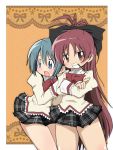  2girls blue_eyes blue_hair bow hair_bow long_hair long_ponytail mahou_shoujo_madoka_magica miki_sayaka mizushima_(p201112) mouth_hold multiple_girls pocky ponytail red_eyes red_hair redhead sakura_kyouko school_uniform short_hair tears 