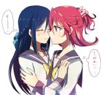  2girls aida_mana blue_hair blush closed_eyes dokidoki!_precure eyes_closed flipped_hair half_updo hishikawa_rikka long_hair multiple_girls pink_eyes pink_hair precure pun school_uniform short_hair simple_background translated white_background yashu yuri 