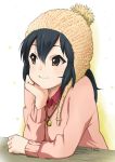  1girl beanie black_hair chin_rest hand_on_own_face hat k-on! kanau long_hair nakano_azusa red_eyes twintails 