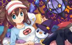  1girl black_legwear blue_eyes bow brown_hair chandelure double_bun halloween hat irouha litwick long_hair looking_at_viewer lying mei_(pokemon) oshawott pantyhose pokemon pokemon_(creature) pokemon_(game) pokemon_bw2 raglan_sleeves star twintails visor_cap witch_hat 