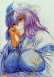  1girl absurdres apron breasts colored_pencil_(medium) empty_eyes graphite_(medium) hat highres kitazinger letty_whiterock long_sleeves looking_at_viewer purple_hair red_eyes short_hair simple_background smile solo touhou traditional_media vest white_background 