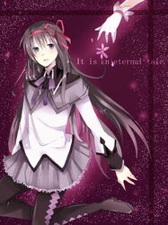  2girls akemi_homura black_hair black_legwear blush boots capelet english etoranze hair_ribbon hairband hands kaname_madoka lace long_hair magical_girl mahou_shoujo_madoka_magica multiple_girls open_mouth pantyhose purple_eyes ribbon skirt text twintails violet_eyes 