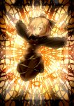 1girl blonde_hair bow brown_eyes dress hachi105 hair_bow jumping kurodani_yamame long_sleeves looking_at_viewer open_mouth outstretched_arms ponytail ribbon short_hair smile solo spread_arms touhou 