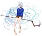  1girl anklet bare_legs barefoot cutoffs genderswap hoodie jack_frost jack_frost_(rise_of_the_guardians) jewelry legend_of_the_guardians long_hair short_shorts shorts silver_hair staff very_long_hair 