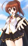 1girl :d ahoge blazblue blazblue_phase_0 blush breasts brown_hair cape celica_a_mercury naoki_(endofcentury102) open_mouth outstretched_arm outstretched_hand pleated_skirt red_eyes school_uniform skirt smile solo thighs