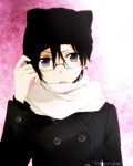  1boy animal_hat bespectacled black_eyes black_hair glasses hat kirito male scarf short_hair solo sword_art_online tsukimori_usako 