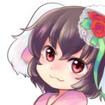  1girl :3 animal_ears black_hair bunny_ears eyelashes flower frown hair_flower hair_ornament head_tilt inaba_tewi looking_at_viewer mana_(gooney) portrait rabbit_ears red_eyes ribbon short_hair simple_background solo touhou white_background 