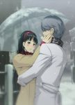  1boy 1girl amagi_yukiko black_eyes black_hair blush coat cold couple grey_hair hairband hand_on_another&#039;s_face hand_on_another's_face highres hug long_hair narukami_yuu persona persona_4 scarf smile snow snowing taru_neko umbrella 