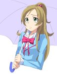  1girl blazer blush breasts brown_hair green_eyes hair_bobbles hair_ornament lips long_hair minamino_kanade nanashishi ponytail precure ribbon school_uniform solo suite_precure umbrella white_background 