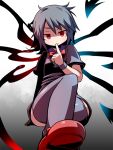  1girl asymmetrical_wings black_dress black_hair black_legwear bow dress finger_to_mouth hakika houjuu_nue outstretched_leg red_eyes red_shoes shoes short_sleeves slit_pupils smile solo thigh-highs thighhighs touhou wings zettai_ryouiki 