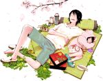  1boy 1girl age_difference can cherry_blossoms kazue_kato obentou original size_difference sleeping 