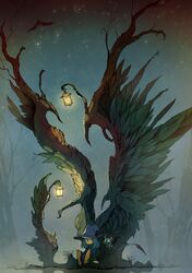  :d bat bat_wings blue_eyes blue_hair creature dress fang flying fog forest hat horns lantern long_sleeves nature night open_mouth original pone purple_dress sitting sky smile star_(sky) starry_sky tree wings witch witch_hat 