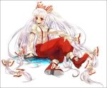  1girl arm_garter baggy_pants bangs blunt_bangs fujiwara_no_mokou full_body hair_ribbon long_hair long_sleeves pants qazrr red_eyes red_shoes ribbon shoes silver_hair sitting sleeves_past_wrists solo suspenders touhou very_long_hair white_background 