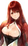  1girl blush breasts cleavage large_breasts long_hair looking_at_viewer makimura_shunsuke maou_(maoyuu) maoyuu_maou_yuusha red_eyes red_hair redhead simple_background smile solo white_background 