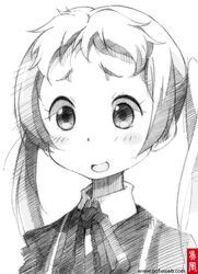  1girl :d blush chuunibyou_demo_koi_ga_shitai! dekomori_sanae gofu long_hair monochrome open_mouth sketch smile solo traditional_media twintails very_long_hair 