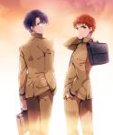  2boys bag bookbag brown_eyes brown_hair emiya_shirou fate/stay_night fate_(series) glasses kuroemon multiple_boys orange_hair purple_eyes purple_hair ryuudou_issei school_briefcase school_uniform violet_eyes yellow_eyes 