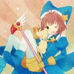  1girl ;d ayu_(mog) brown_hair card_captor_sakura cardcaptor_sakura costume fuuin_no_tsue gloves green_eyes hat kero kinomoto_sakura open_mouth pantyhose short_hair smile wand wink 