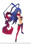  1girl antenna_hair belt blue_hair bracelet breasts cleavage crossed_arms disgaea disgaea_d2 harada_takehito highres jewelry laharl laharl-chan long_hair mound_of_venus navel official_art open_mouth pants pointy_ears red_eyes scarf slit_pupils solo very_long_hair white_background 