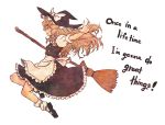  1girl apron black_dress blonde_hair bow braid broom colored_pencil_(medium) dress english grin hair_ribbon hat hat_bow kirisame_marisa long_hair mary_janes outstretched_arm outstretched_hand puffy_sleeves ribbon shirt shoes short_sleeves smile solo terajin touhou traditional_media waist_apron witch_hat 