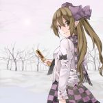  1girl bow brown_eyes brown_hair cellphone checkered checkered_skirt hair_bow hamira-ze hat himekaidou_hatate long_hair long_sleeves looking_back phone pointy_ears scarf skirt smile snow solo tokin_hat touhou tree twintails 