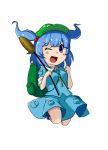  backpack bag blue_eyes blue_hair blush cattail chibi hair_bobbles hair_ornament hat highres jumping kawashiro_nitori key open_mouth peperoncirno plant pocket skirt sleeves_rolled_up solo touhou twintails wink 