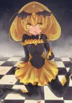  1girl bad_end_peace bad_end_precure bat_wings blonde_hair bodysuit clothed_navel dark_persona finger_to_mouth fingerless_gloves gloves long_hair precure rimoko sitting skirt smile_precure! solo tiara wariza wings yellow_eyes 