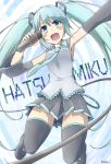 1girl aqua_hair blue_eyes blush boots character_name detached_sleeves hatsune_miku highres long_hair microphone necktie open_mouth outstretched_arm signature skirt solo thigh-highs thigh_boots thighhighs twintails very_long_hair vocaloid yutamaro 