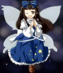  1girl bow brown_eyes brown_hair dress dress_shirt hair_bow highres long_hair open_mouth ribbon shirt shoes smile star star_sapphire touhou wings wink 