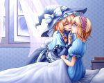  2girls alice_margatroid apron blonde_hair blue_eyes book braid closed_eyes crying curtains eyelashes eyes_closed finger_on_lips hat hat_ribbon headband kirisame_marisa long_sleeves multiple_girls nightgown nip_to_chip on_bed open_window parted_lips pillow profile ribbon shawl short_hair single_braid sitting snow snow_on_head streaming_tears tears touhou under_covers waist_apron wind witch_hat yuri 