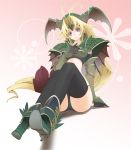  1girl :&lt; armor bikini_bottom blonde_hair boots dragon_master elbow_gloves gauntlets gloves helmet high_heels long_hair low-tied_long_hair midriff purple_eyes riesz seiken_densetsu seiken_densetsu_3 seqet-aru shoes solo thigh-highs thighhighs very_long_hair violet_eyes winged_helmet 