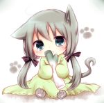  1girl animal_ears cat_ears cat_paws cat_tail chibi dress green_eyes green_hair hatsune_miku head_tilt long_hair misa_(kaeruhitode) open_mouth paws sitting sleeves_past_wrists solo spring_onion tail twintails very_long_hair vocaloid 