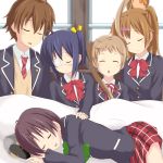  1boy 4girls black_hair blonde_hair brown_hair chuunibyou_demo_koi_ga_shitai! closed_eyes dekomori_sanae eyepatch eyes_closed long_hair multiple_girls nibutani_shinka school_uniform sheep short_hair side_ponytail sleeping takanashi_rikka togashi_yuuta tsuyuri_kumin twintails 