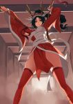  1girl akali alternate_costume black_hair dual_wielding fkey from_below high_ponytail kama_(weapon) league_of_legends long_hair looking_down red_eyes seigaiha solo thighs 