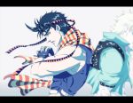  2boys back-to-back black_hair blonde_hair caesar_anthonio_zeppeli facial_mark fingerless_gloves ghost gloves green_eyes headband jacket jojo_no_kimyou_na_bouken joseph_joestar_(young) letterboxed midriff multiple_boys muscle scarf spoilers ysetu 