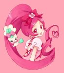  1girl bow choker chypre_(heartcatch_precure!) creature cure_blossom female hair_bow hanasaki_tsubomi heartcatch_precure! long_hair looking_back magical_girl pink pink_background pink_eyes pink_hair ponytail precure puffy_sleeves sikuhima smile solo 