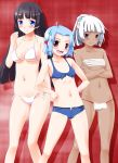  3girls bikini black_hair blue_eyes blue_hair brown_eyes crossed_arms dark_skin highres loincloth long_hair multiple_girls navel noto_(soranoto) original ponytail sarashi short_hair swimsuit white_hair 