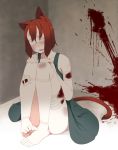  1girl animal_ears bandage bandages blood blood_stain blush breasts brown_hair cat_ears cat_tail dress eyepatch looking_at_viewer majima_yuki open_mouth original rope_marks short_hair sitting smile solo tail 