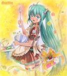  1girl ahoge apron artist_name bandaid bowl dishes flower gift green_eyes green_hair hatsune_miku long_hair looking_back marker_(medium) mayo_riyo open_mouth sink skirt solo spring_onion thigh-highs thighhighs traditional_media twintails very_long_hair vocaloid whisk 
