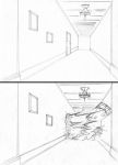  explosion graphite_(medium) hallway jojo_no_kimyou_na_bouken jonathan_joestar parody perspective traditional_media utano 