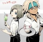  2boys asta_(inazuma_eleven) glass hairlocs headband inazuma_eleven_(series) inazuma_eleven_go inazuma_eleven_go_vs_danball_senki_w male mizuhara_aki multiple_boys san_(inazuma_eleven) standing straw tray waiter 