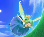  1girl ascot blue_eyes breasts cloud clouds daiyousei dress dress_shirt fairy_wings flying forest green_eyes green_hair maszom nature ribbon shirt short_hair side_ponytail sky smile solo sun touhou tree wings 