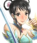  1girl bare_shoulders black_hair brown_eyes bust detached_sleeves dress flower hair_flower hair_ornament hair_rings hair_tubes lips nyaasora payot smile solo soul_calibur soulcalibur soulcalibur_v sword weapon yan_leixia 